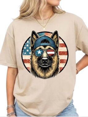 🇺🇸🐾Beige Patriotic German Shepherd Graphic Dog Tee 🇺🇸🐾